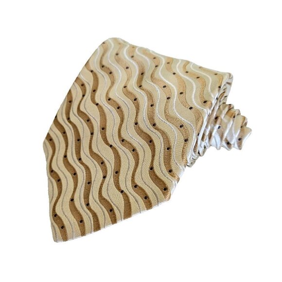 Sazzari Tie Gold White Waves Embroidery Grey Dots 100% SIlk L 56.5 in W 3.75 in - Picture 1 of 13